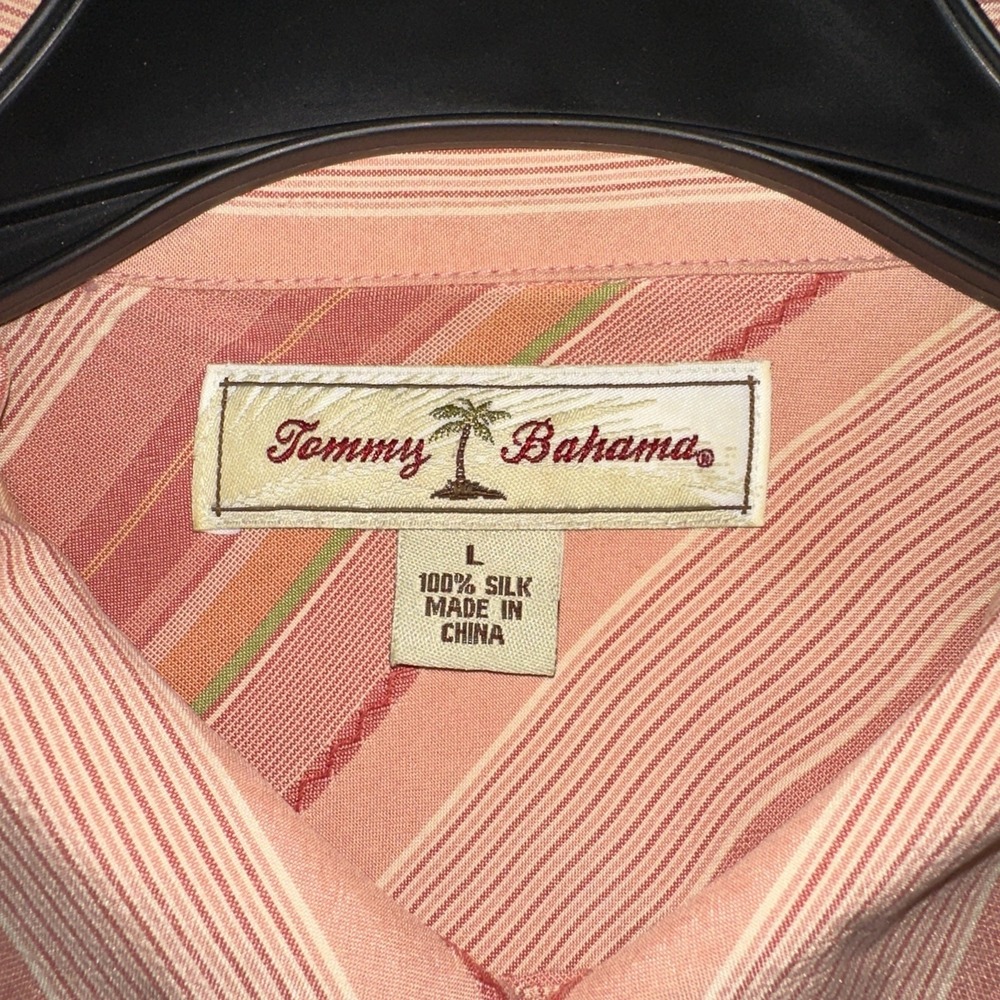 Tommy Bahama Shirt Mens Large Pink Striped 100% Silk Button Down Short Sleeve - Picture 3 of 3